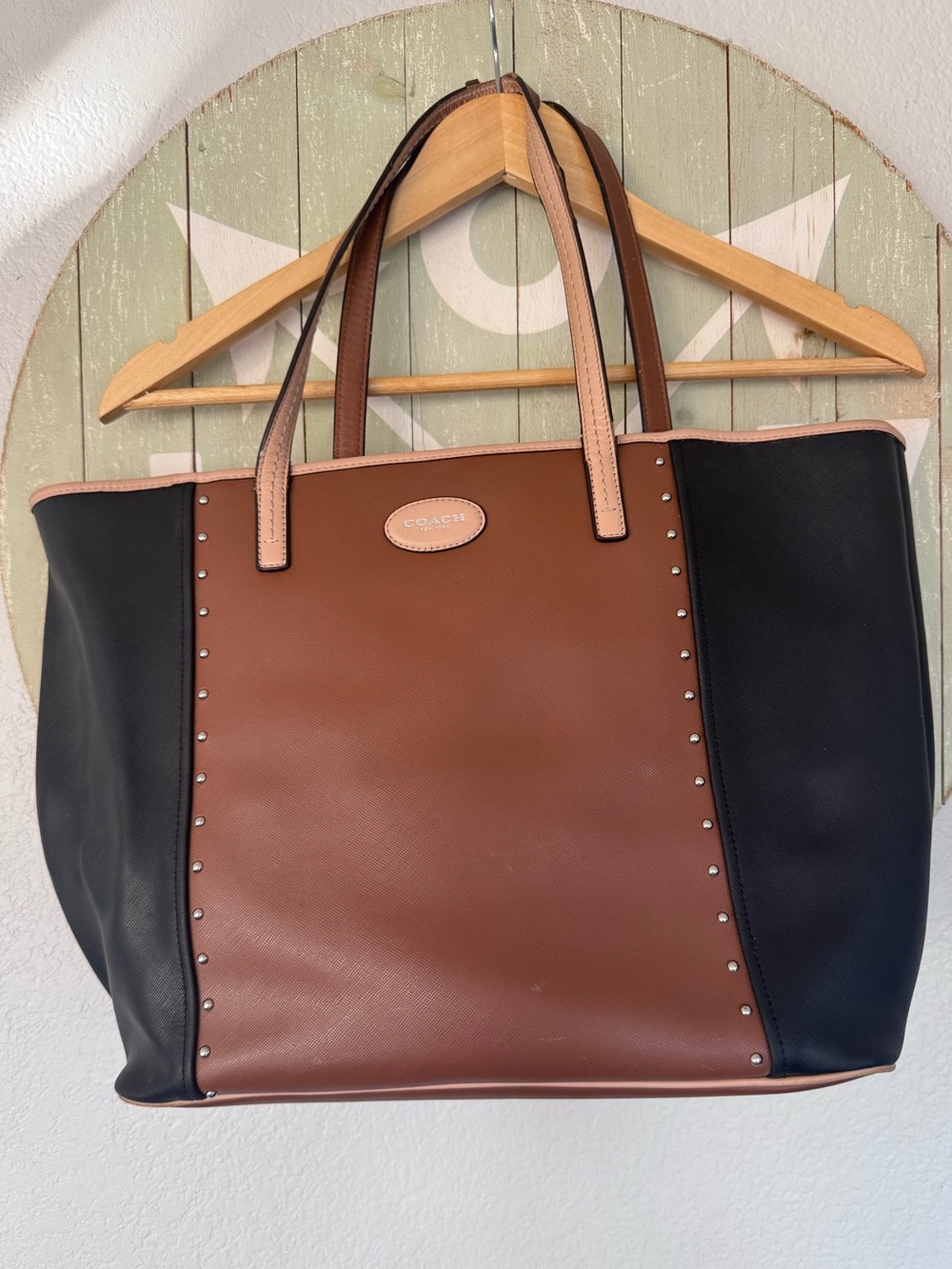 Coach studded colorblock saffiano leather tote vintage